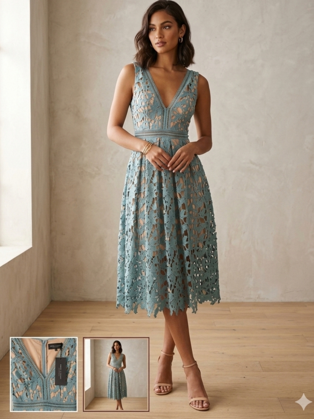 Romeo & Juliet Couture Dusty Blue Lace Midi Dress